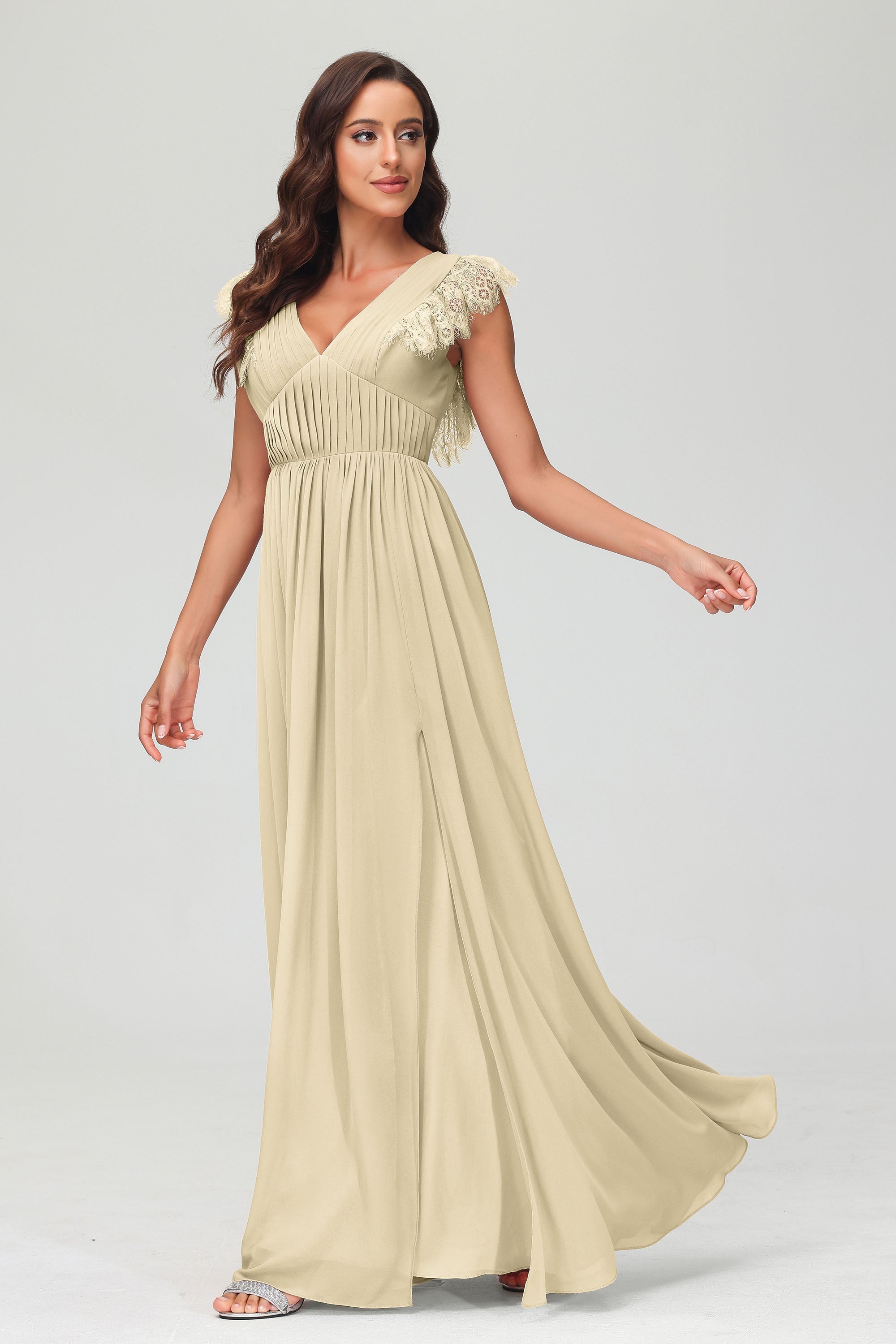 Cap Sleeves Chiffon Formal Evening Dress Floor Length Pleated Bridesmaid Dresses Gowns