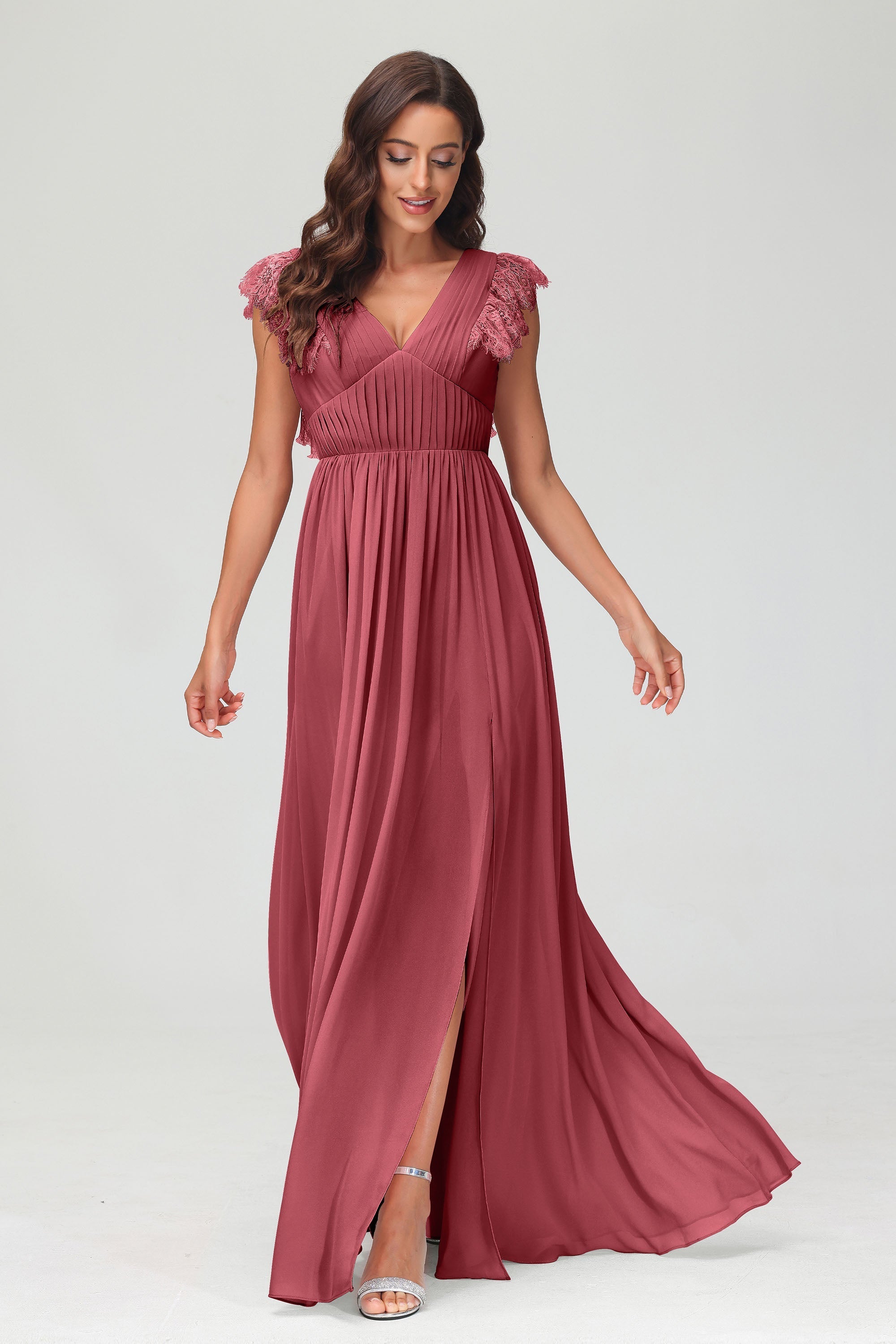 Cap Sleeves Chiffon Formal Evening Dress Floor Length Pleated Bridesmaid Dresses Gowns