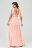 Cap Sleeves Chiffon Formal Evening Dress Floor Length Pleated Bridesmaid Dresses Gowns