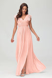 Cap Sleeves Chiffon Formal Evening Dress Floor Length Pleated Bridesmaid Dresses Gowns