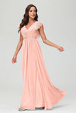 Cap Sleeves Chiffon Formal Evening Dress Floor Length Pleated Bridesmaid Dresses Gowns