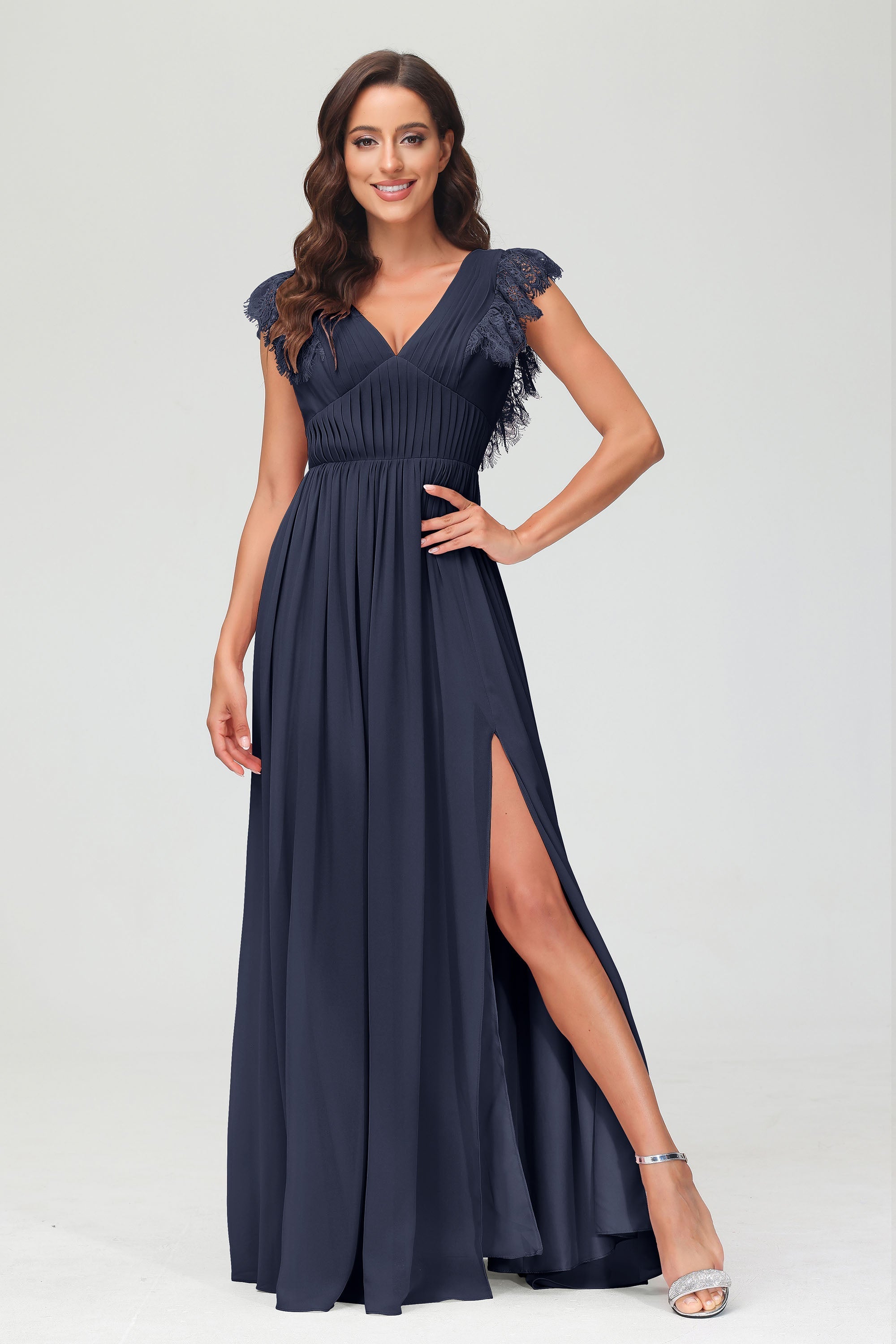 Cap Sleeves Chiffon Formal Evening Dress Floor Length Pleated Bridesmaid Dresses Gowns