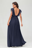 Cap Sleeves Chiffon Formal Evening Dress Floor Length Pleated Bridesmaid Dresses Gowns
