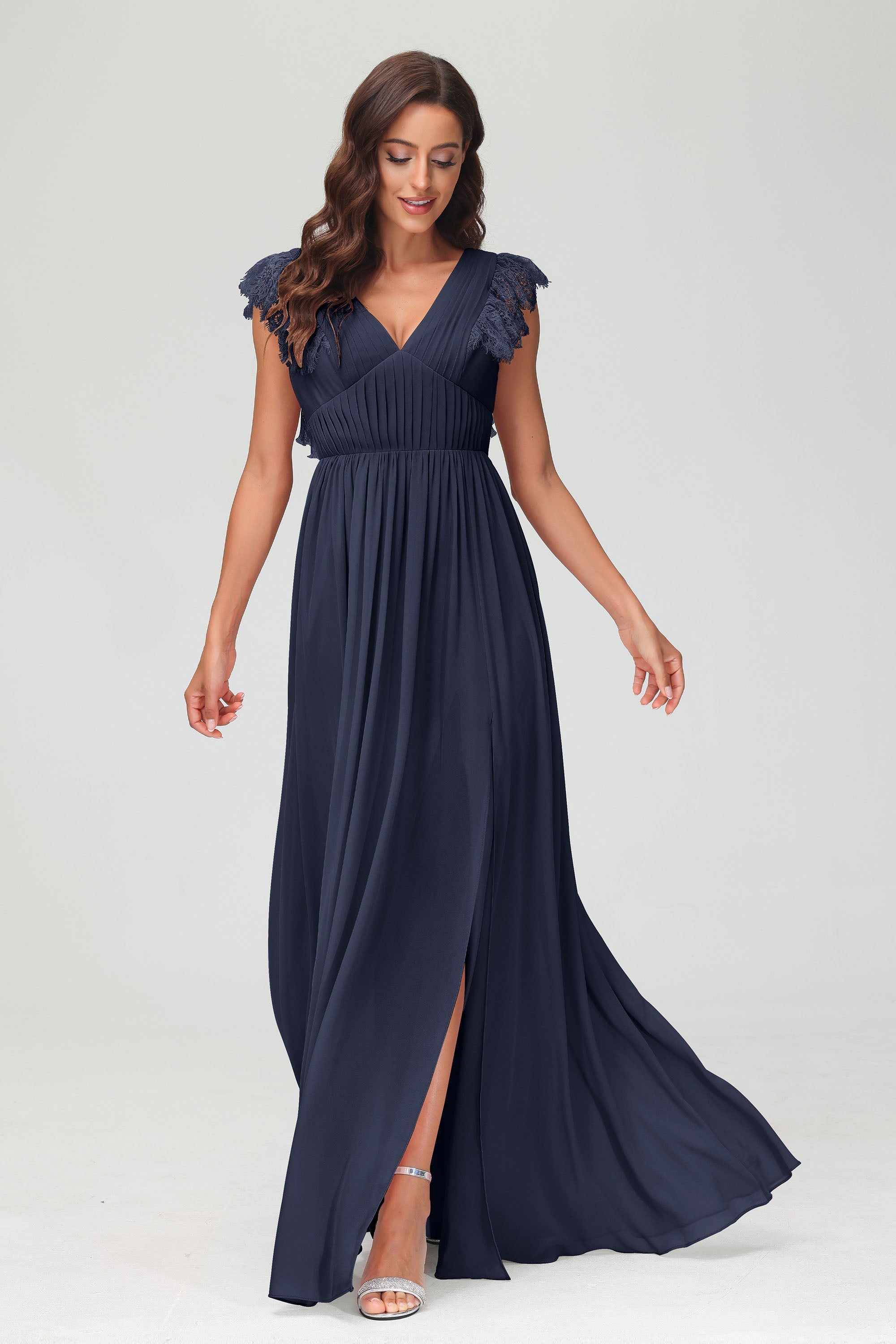 Cap Sleeves Chiffon Formal Evening Dress Floor Length Pleated Bridesmaid Dresses Gowns