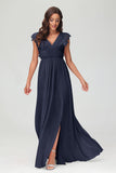 Cap Sleeves Chiffon Formal Evening Dress Floor Length Pleated Bridesmaid Dresses Gowns