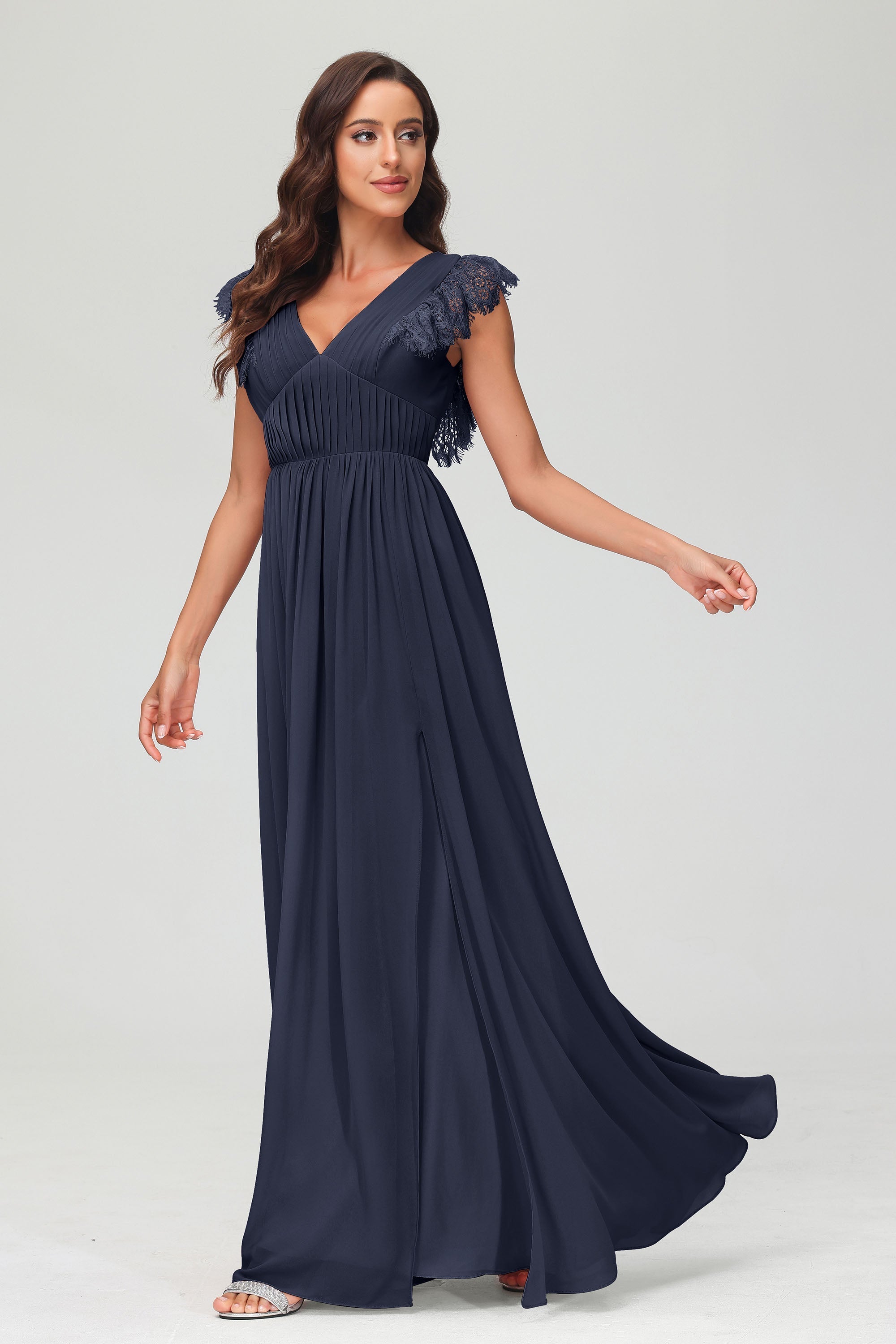 Cap Sleeves Chiffon Formal Evening Dress Floor Length Pleated Bridesmaid Dresses Gowns