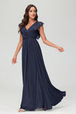 Cap Sleeves Chiffon Formal Evening Dress Floor Length Pleated Bridesmaid Dresses Gowns