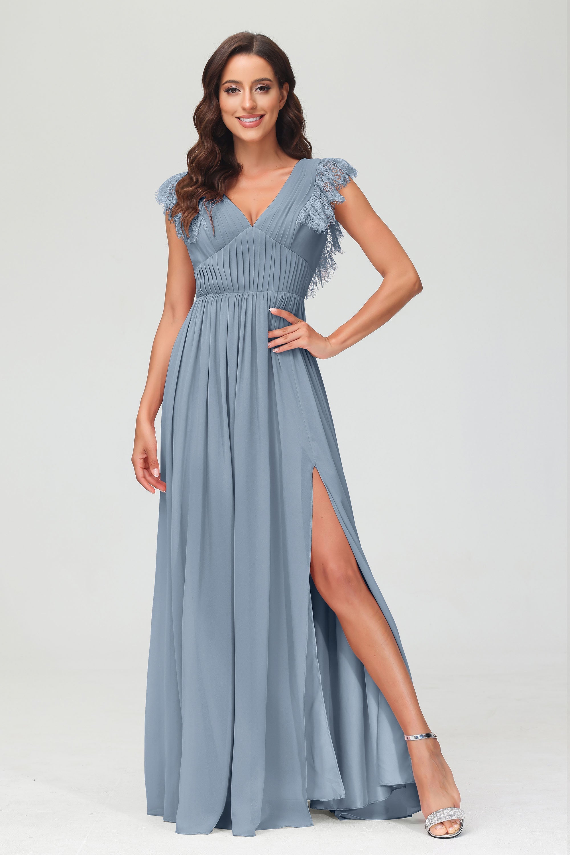 Cap Sleeves Chiffon Formal Evening Dress Floor Length Pleated Bridesmaid Dresses Gowns