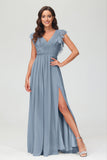 Cap Sleeves Chiffon Formal Evening Dress Floor Length Pleated Bridesmaid Dresses Gowns