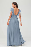 Cap Sleeves Chiffon Formal Evening Dress Floor Length Pleated Bridesmaid Dresses Gowns