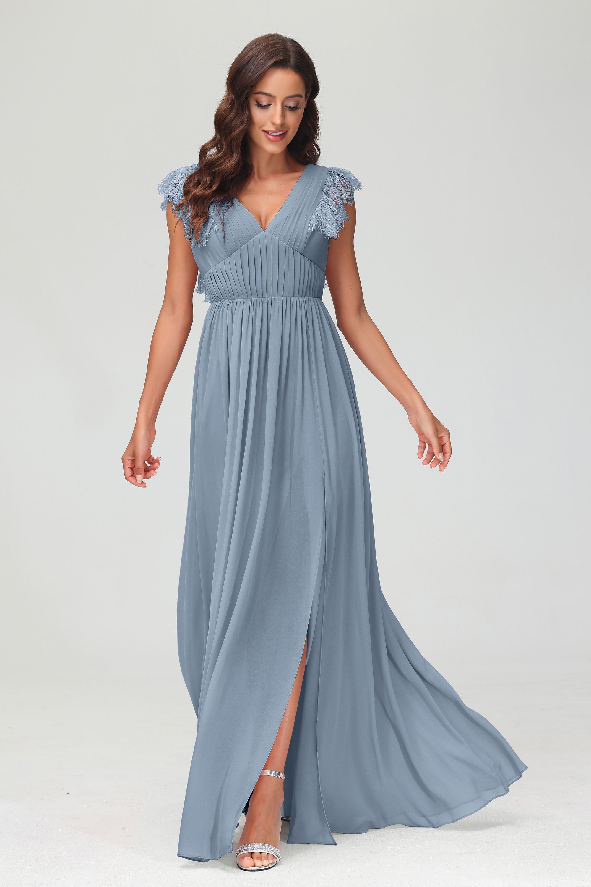 Cap Sleeves Chiffon Formal Evening Dress Floor Length Pleated Bridesmaid Dresses Gowns