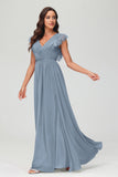 Cap Sleeves Chiffon Formal Evening Dress Floor Length Pleated Bridesmaid Dresses Gowns