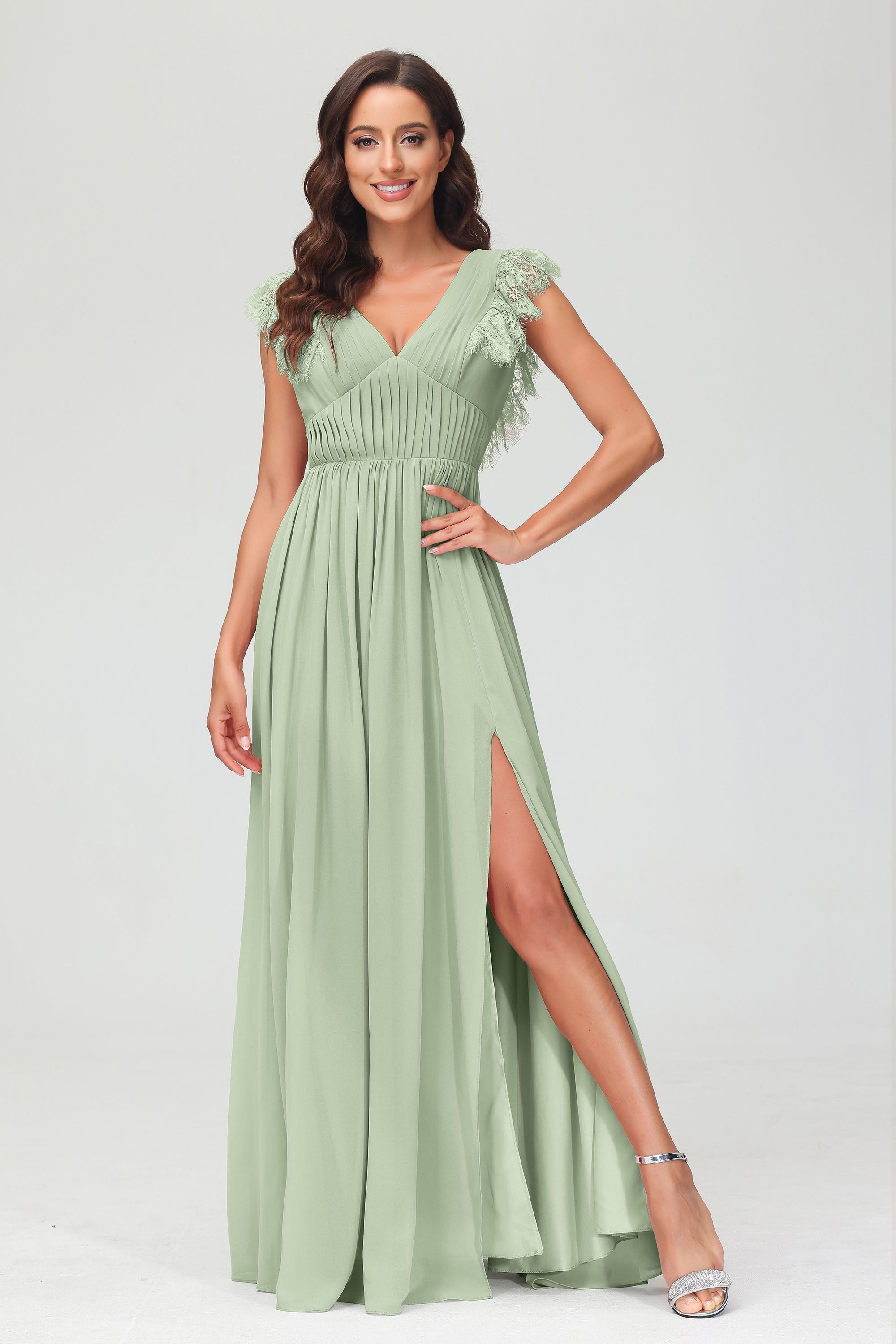 Cap Sleeves Chiffon Formal Evening Dress Floor Length Pleated Bridesmaid Dresses Gowns