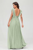 Cap Sleeves Chiffon Formal Evening Dress Floor Length Pleated Bridesmaid Dresses Gowns