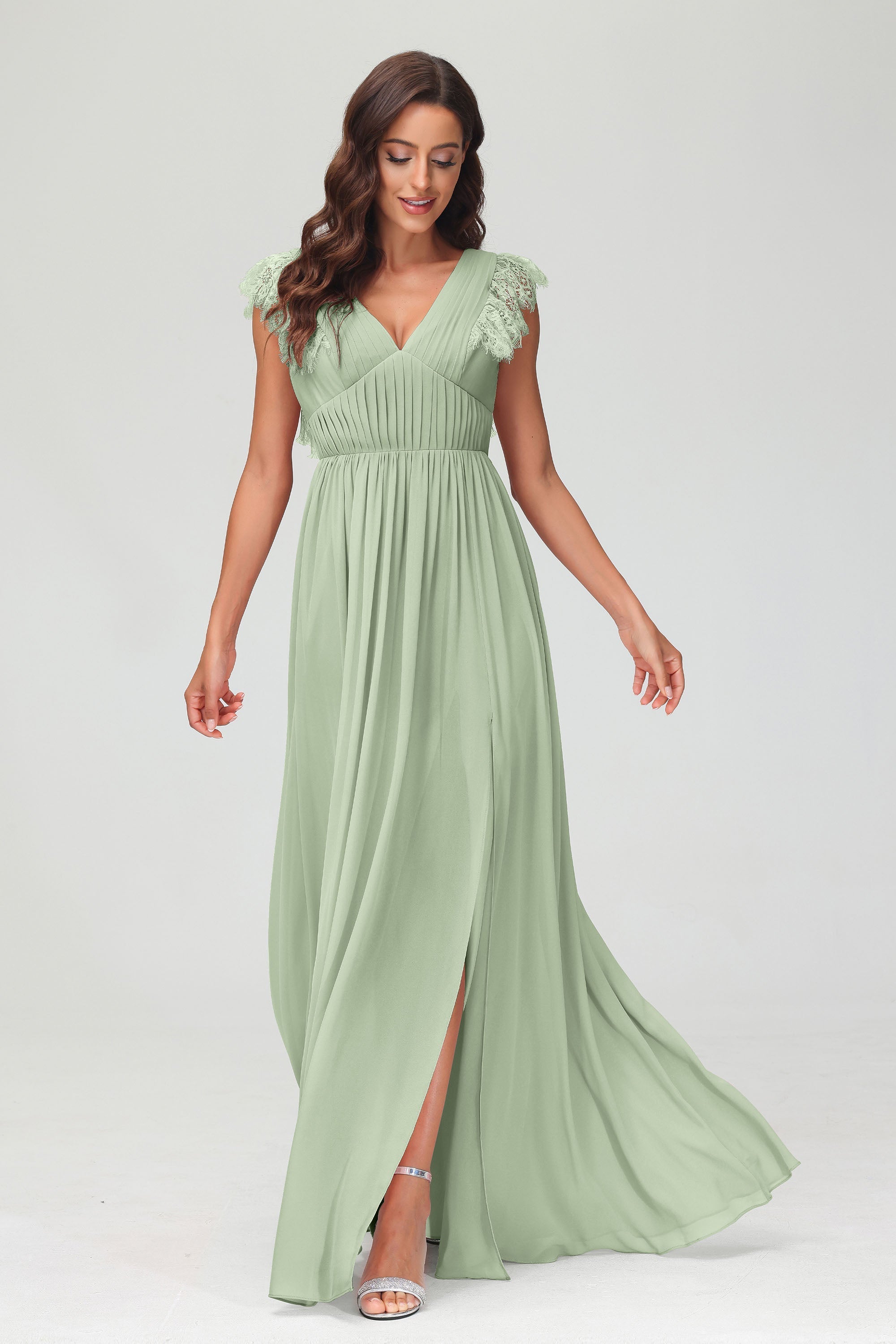 Cap Sleeves Chiffon Formal Evening Dress Floor Length Pleated Bridesmaid Dresses Gowns