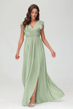Cap Sleeves Chiffon Formal Evening Dress Floor Length Pleated Bridesmaid Dresses Gowns
