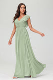 Cap Sleeves Chiffon Formal Evening Dress Floor Length Pleated Bridesmaid Dresses Gowns