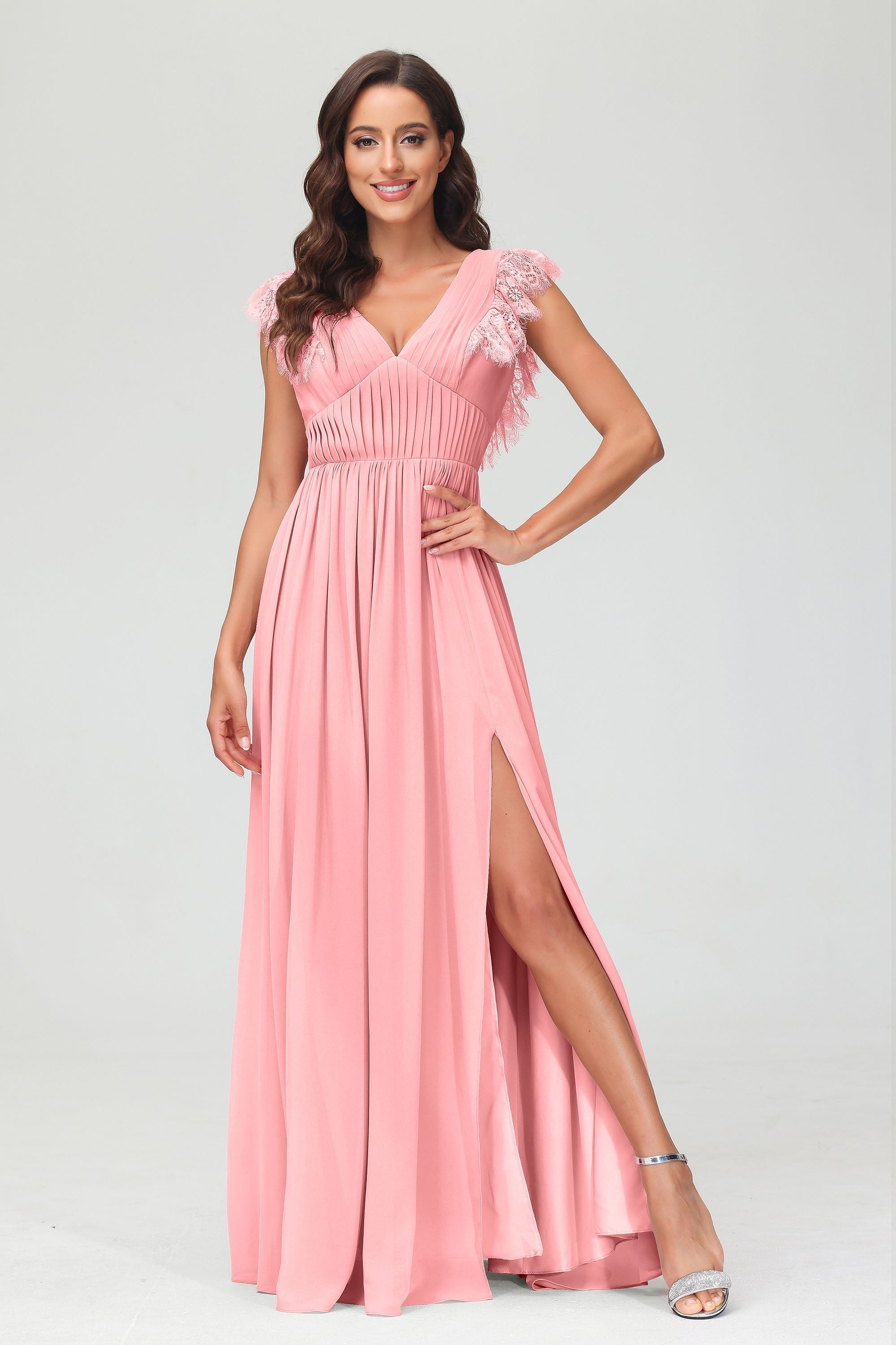 Cap Sleeves Chiffon Formal Evening Dress Floor Length Pleated Bridesmaid Dresses Gowns