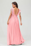 Cap Sleeves Chiffon Formal Evening Dress Floor Length Pleated Bridesmaid Dresses Gowns