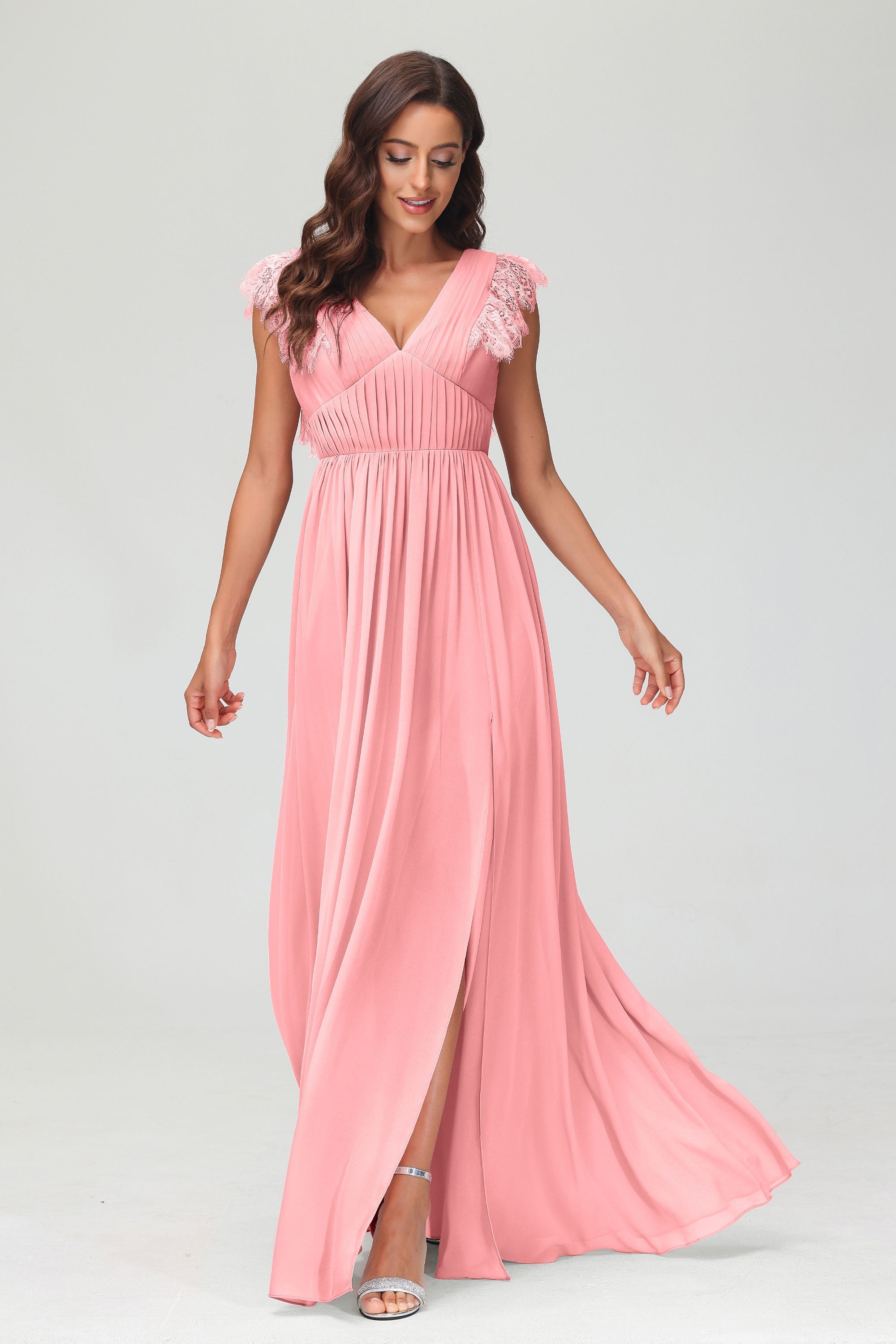 Cap Sleeves Chiffon Formal Evening Dress Floor Length Pleated Bridesmaid Dresses Gowns