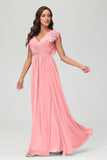 Cap Sleeves Chiffon Formal Evening Dress Floor Length Pleated Bridesmaid Dresses Gowns