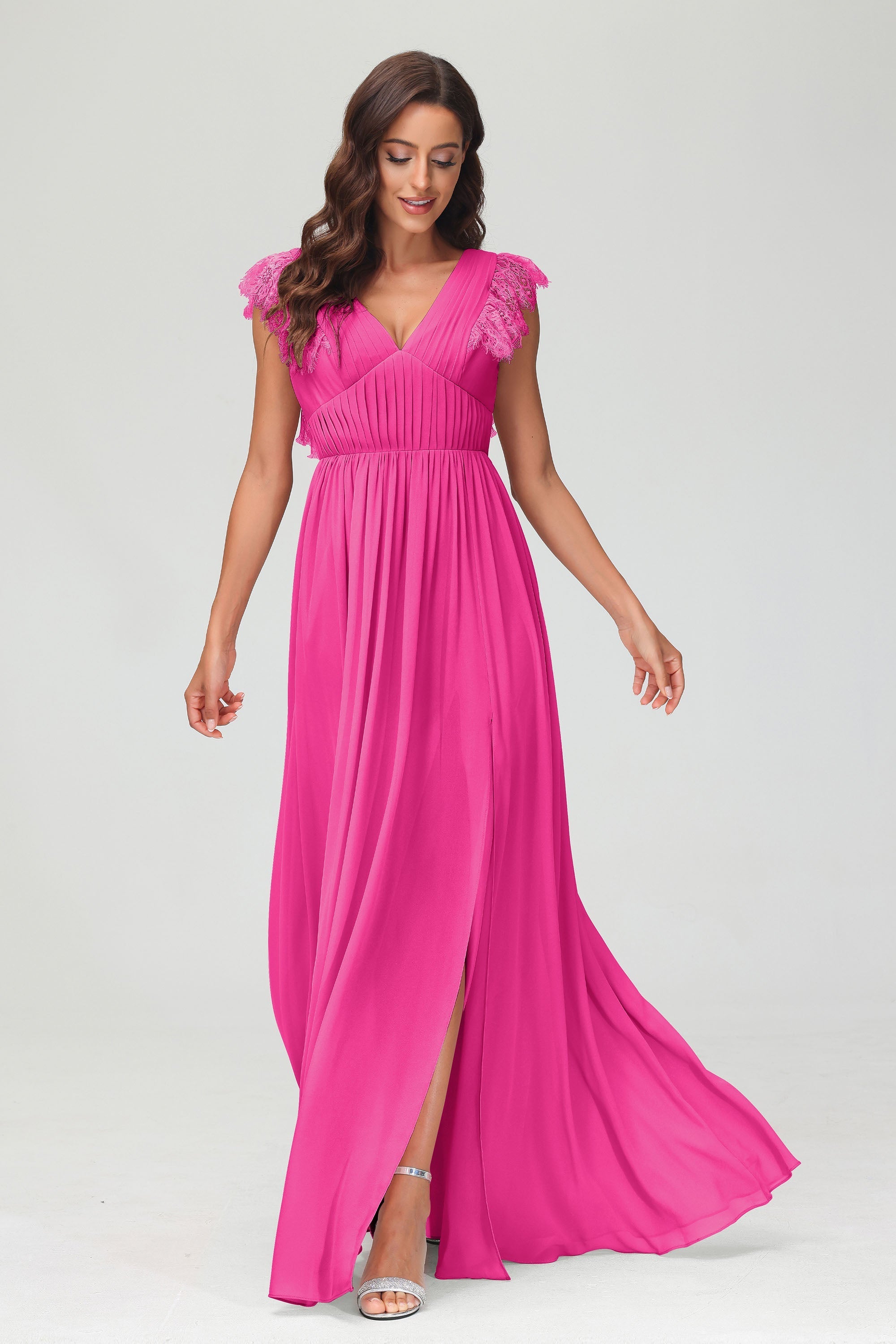 Cap Sleeves Chiffon Formal Evening Dress Floor Length Pleated Bridesmaid Dresses Gowns