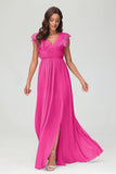 Cap Sleeves Chiffon Formal Evening Dress Floor Length Pleated Bridesmaid Dresses Gowns