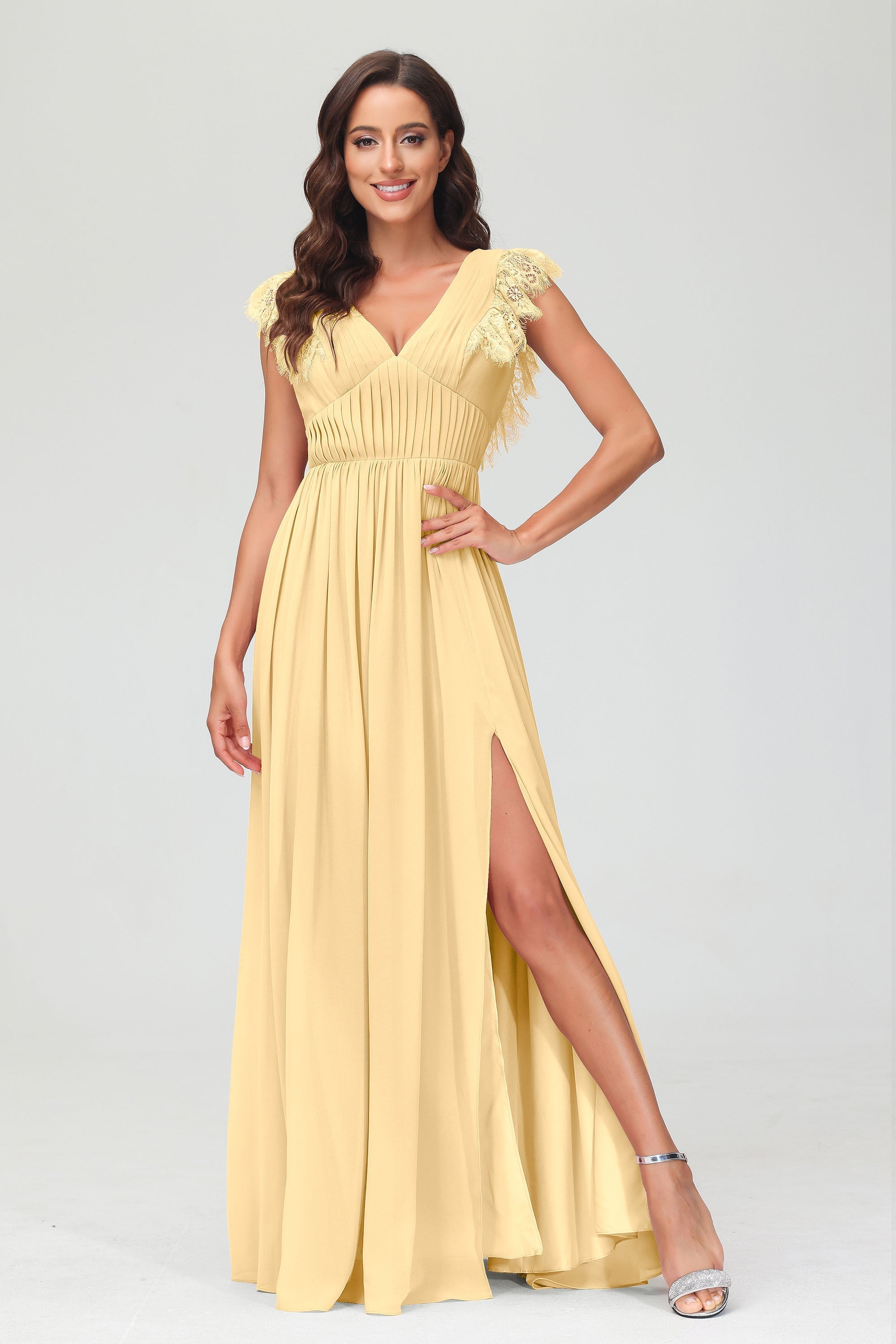 Cap Sleeves Chiffon Formal Evening Dress Floor Length Pleated Bridesmaid Dresses Gowns