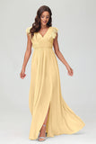 Cap Sleeves Chiffon Formal Evening Dress Floor Length Pleated Bridesmaid Dresses Gowns