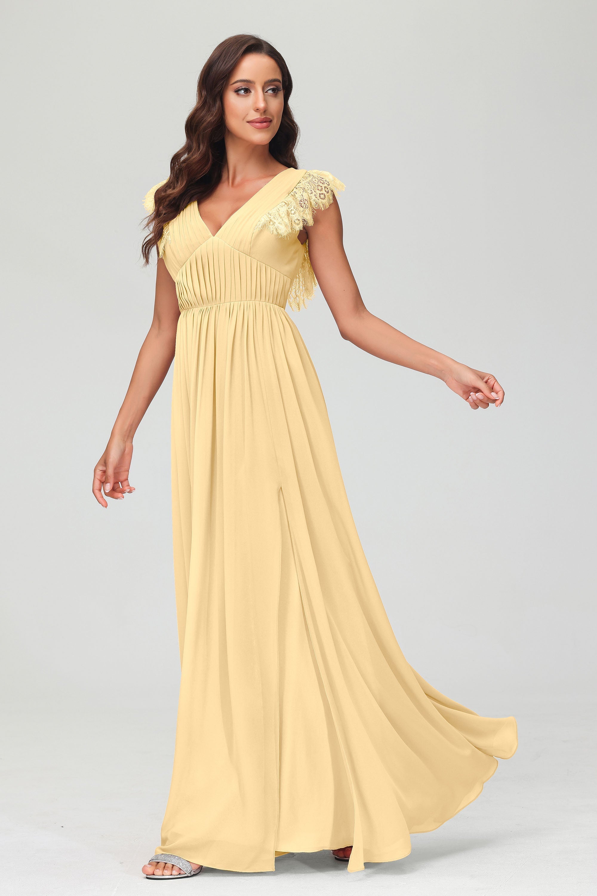 Cap Sleeves Chiffon Formal Evening Dress Floor Length Pleated Bridesmaid Dresses Gowns