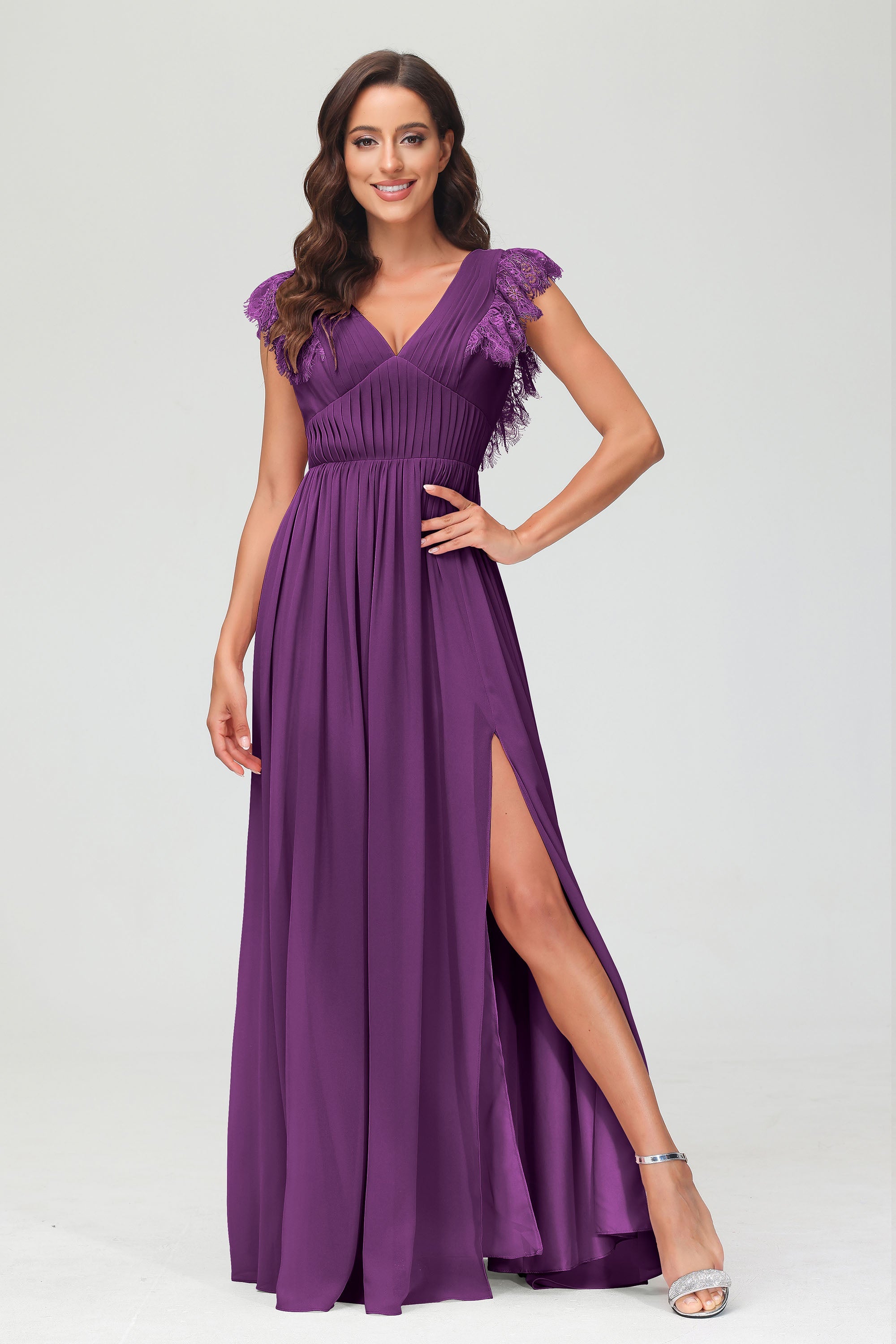 Cap Sleeves Chiffon Formal Evening Dress Floor Length Pleated Bridesmaid Dresses Gowns