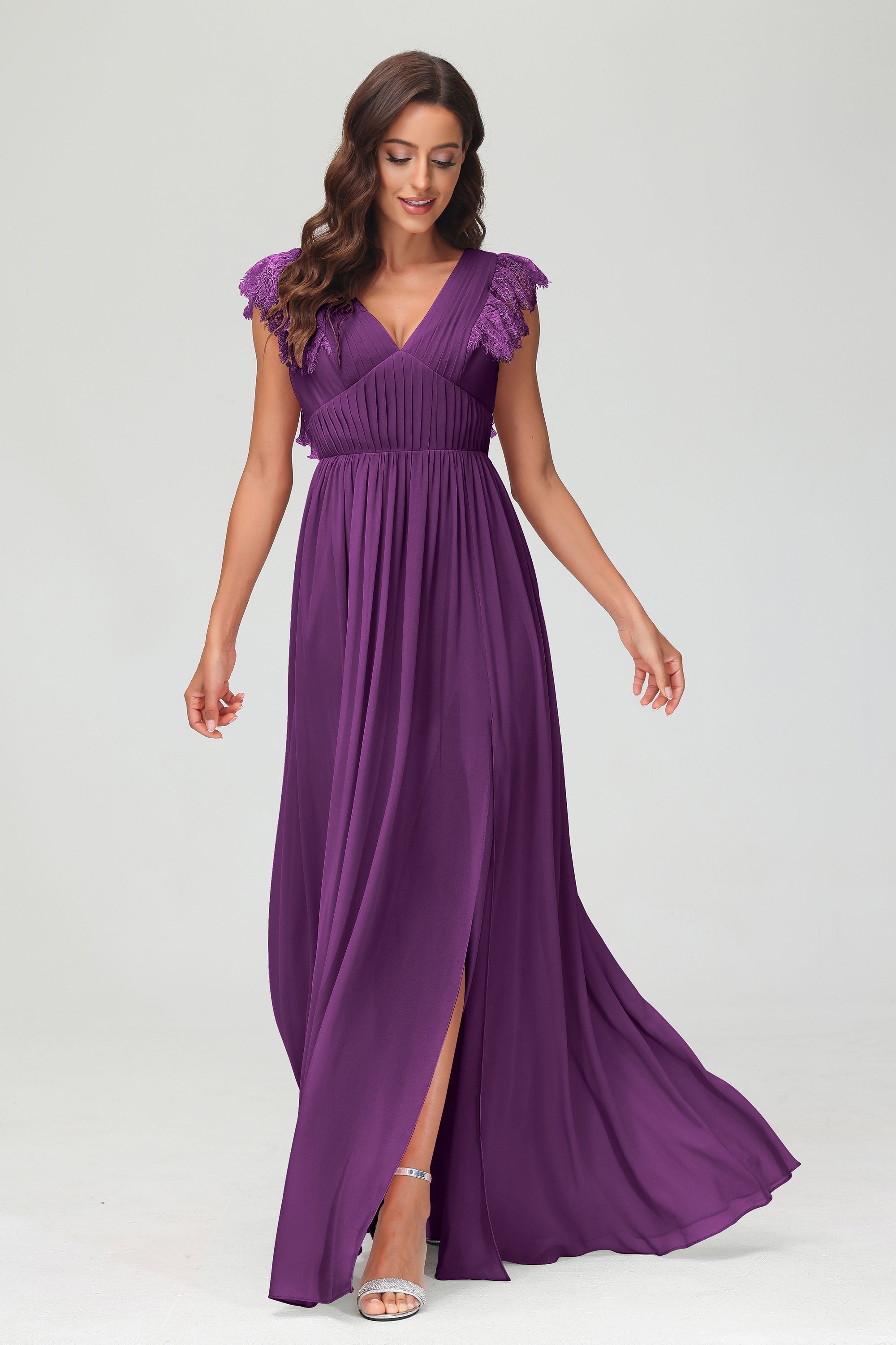 Cap Sleeves Chiffon Formal Evening Dress Floor Length Pleated Bridesmaid Dresses Gowns