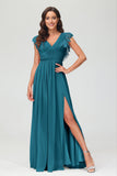 Cap Sleeves Chiffon Formal Evening Dress Floor Length Pleated Bridesmaid Dresses Gowns