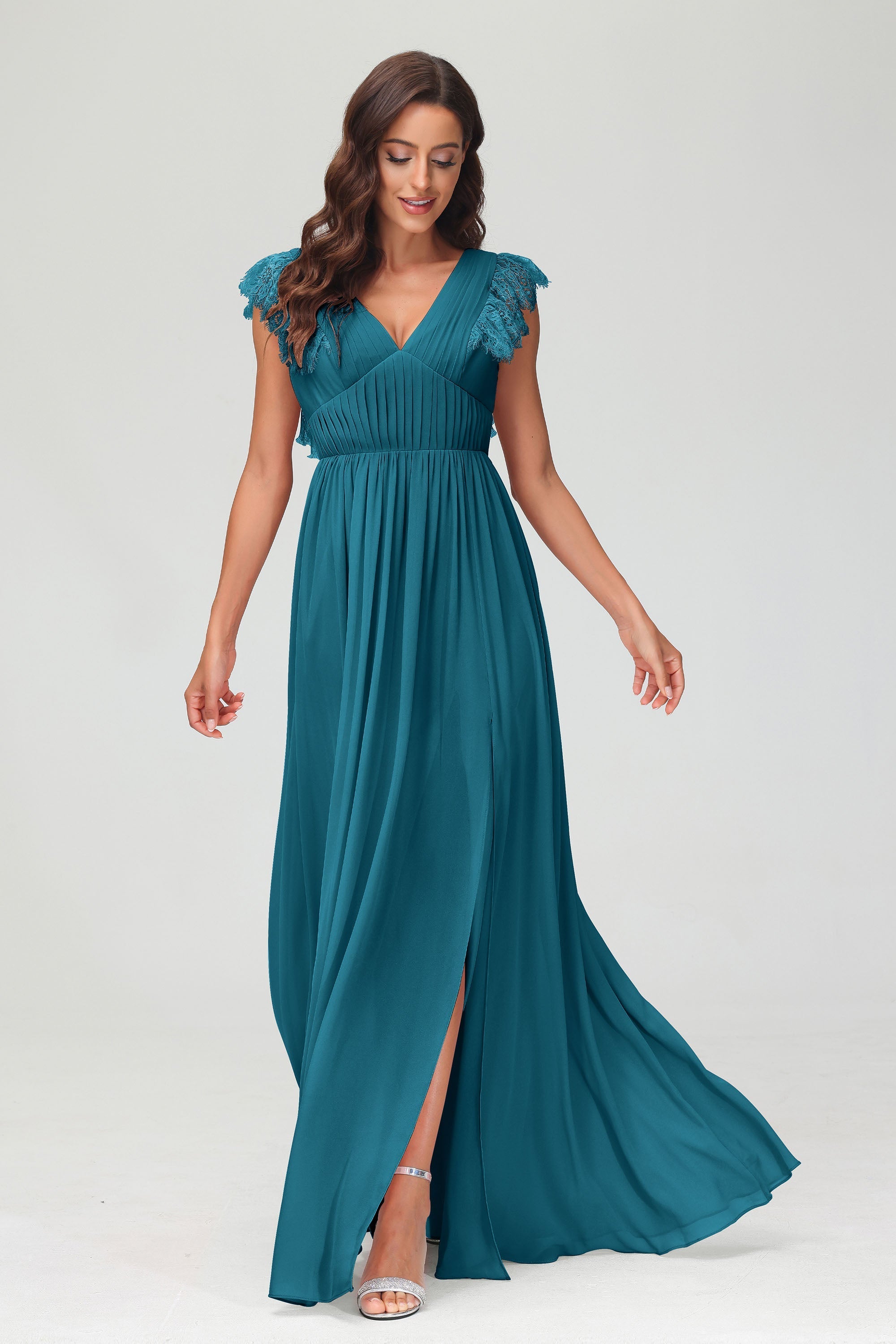 Cap Sleeves Chiffon Formal Evening Dress Floor Length Pleated Bridesmaid Dresses Gowns