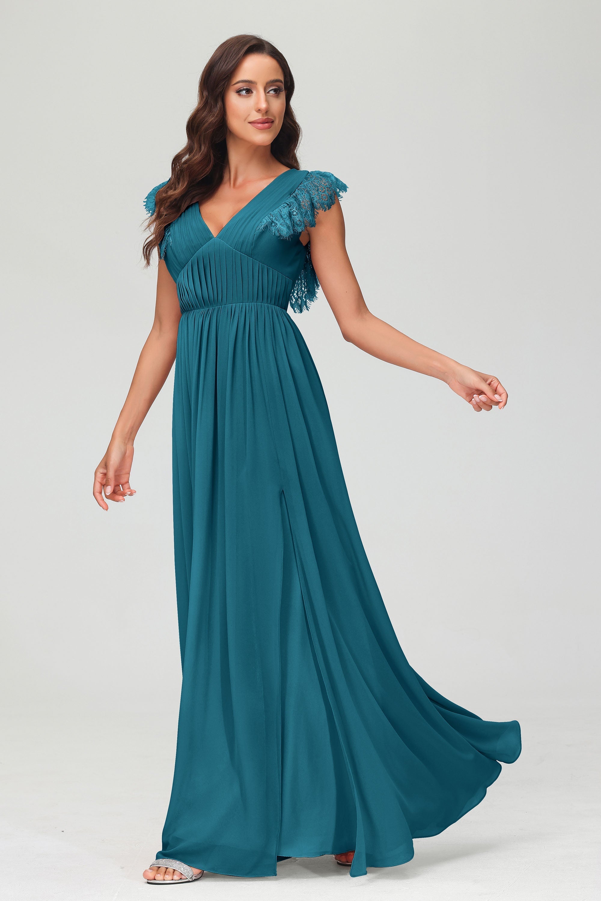 Cap Sleeves Chiffon Formal Evening Dress Floor Length Pleated Bridesmaid Dresses Gowns