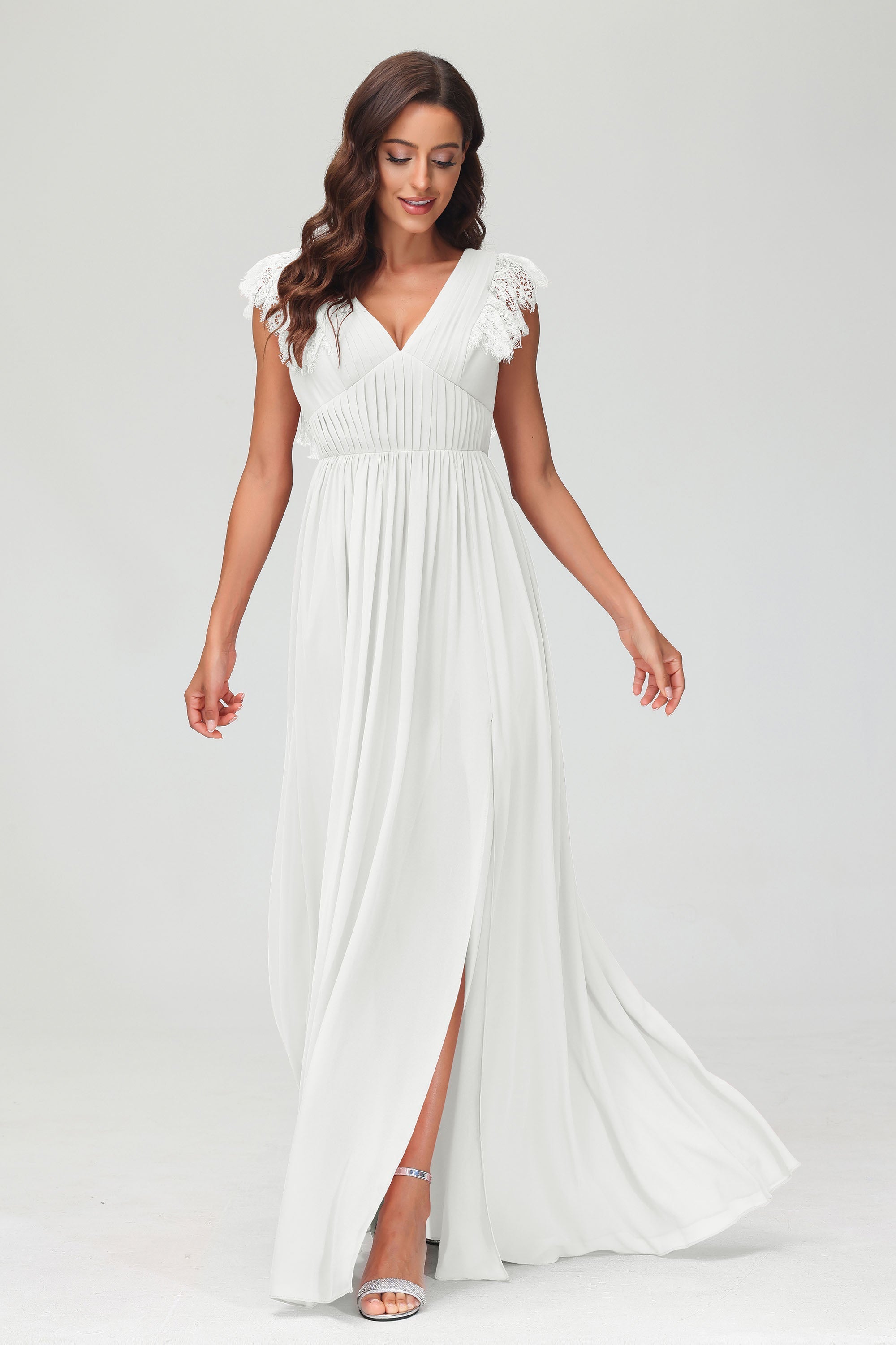 Cap Sleeves Chiffon Formal Evening Dress Floor Length Pleated Bridesmaid Dresses Gowns