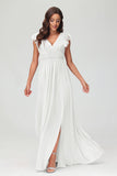 Cap Sleeves Chiffon Formal Evening Dress Floor Length Pleated Bridesmaid Dresses Gowns