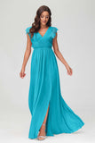 Cap Sleeves Chiffon Formal Evening Dress Floor Length Pleated Bridesmaid Dresses Gowns