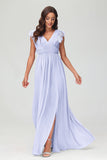 Cap Sleeves Chiffon Formal Evening Dress Floor Length Pleated Bridesmaid Dresses Gowns