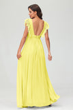 Cap Sleeves Chiffon Formal Evening Dress Floor Length Pleated Bridesmaid Dresses Gowns