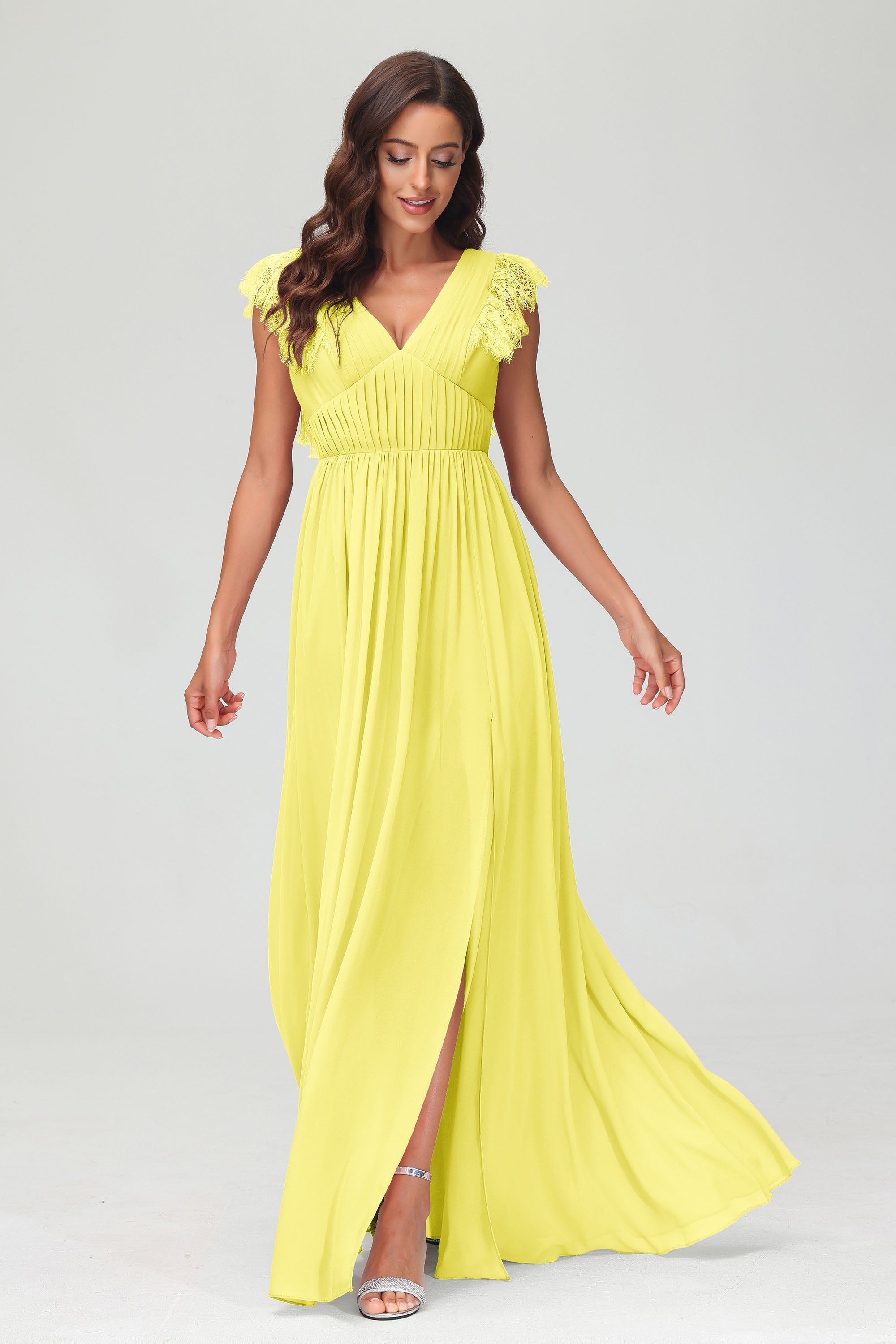 Cap Sleeves Chiffon Formal Evening Dress Floor Length Pleated Bridesmaid Dresses Gowns