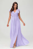 Cap Sleeves Chiffon Formal Evening Dress Floor Length Pleated Bridesmaid Dresses Gowns