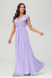 Cap Sleeves Chiffon Formal Evening Dress Floor Length Pleated Bridesmaid Dresses Gowns