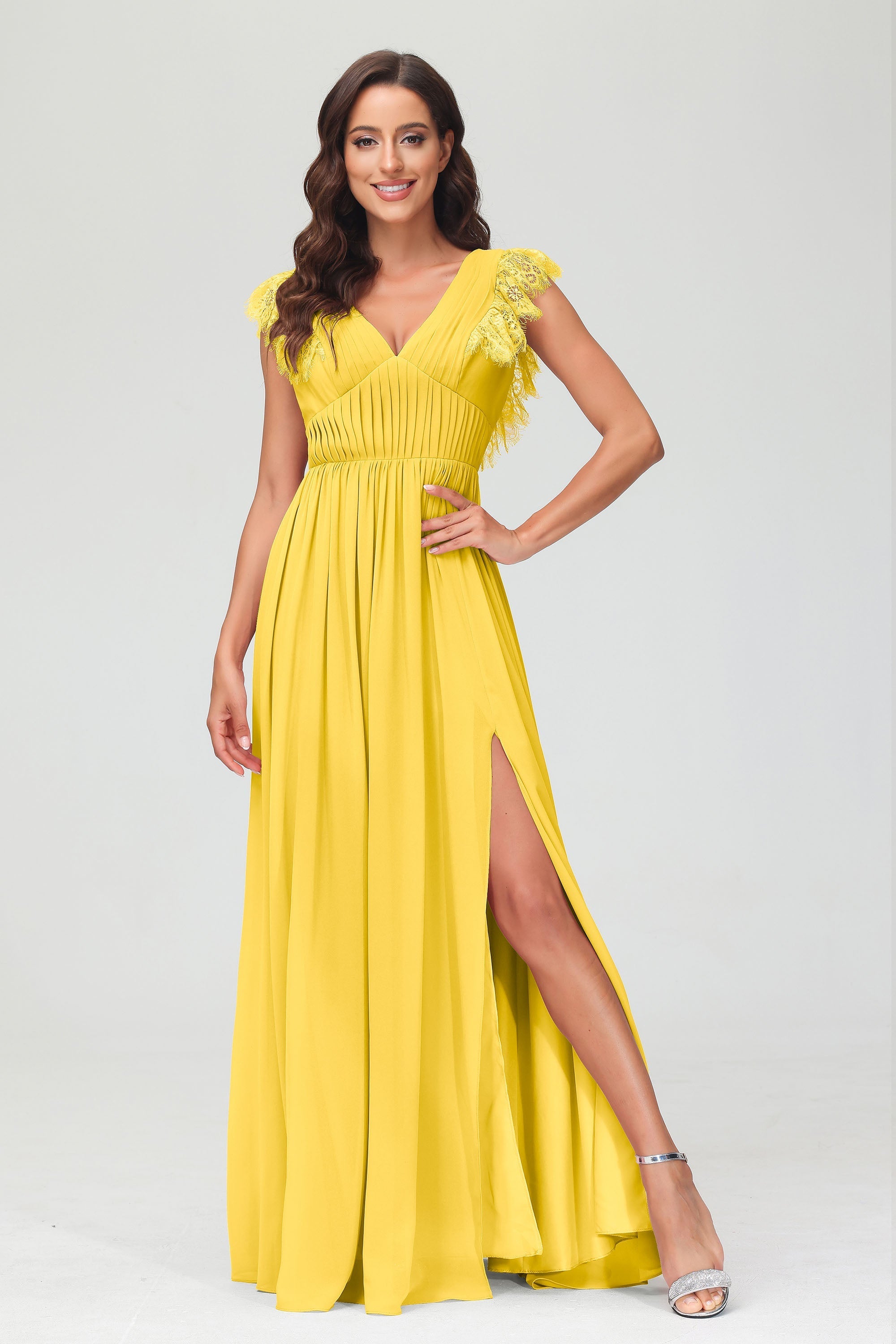 Cap Sleeves Chiffon Formal Evening Dress Floor Length Pleated Bridesmaid Dresses Gowns