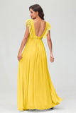 Cap Sleeves Chiffon Formal Evening Dress Floor Length Pleated Bridesmaid Dresses Gowns