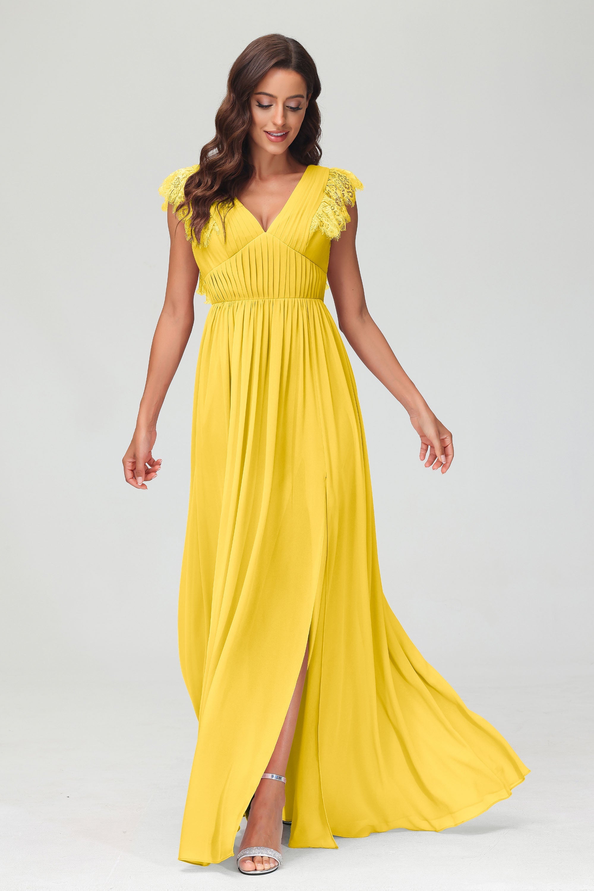 Cap Sleeves Chiffon Formal Evening Dress Floor Length Pleated Bridesmaid Dresses Gowns
