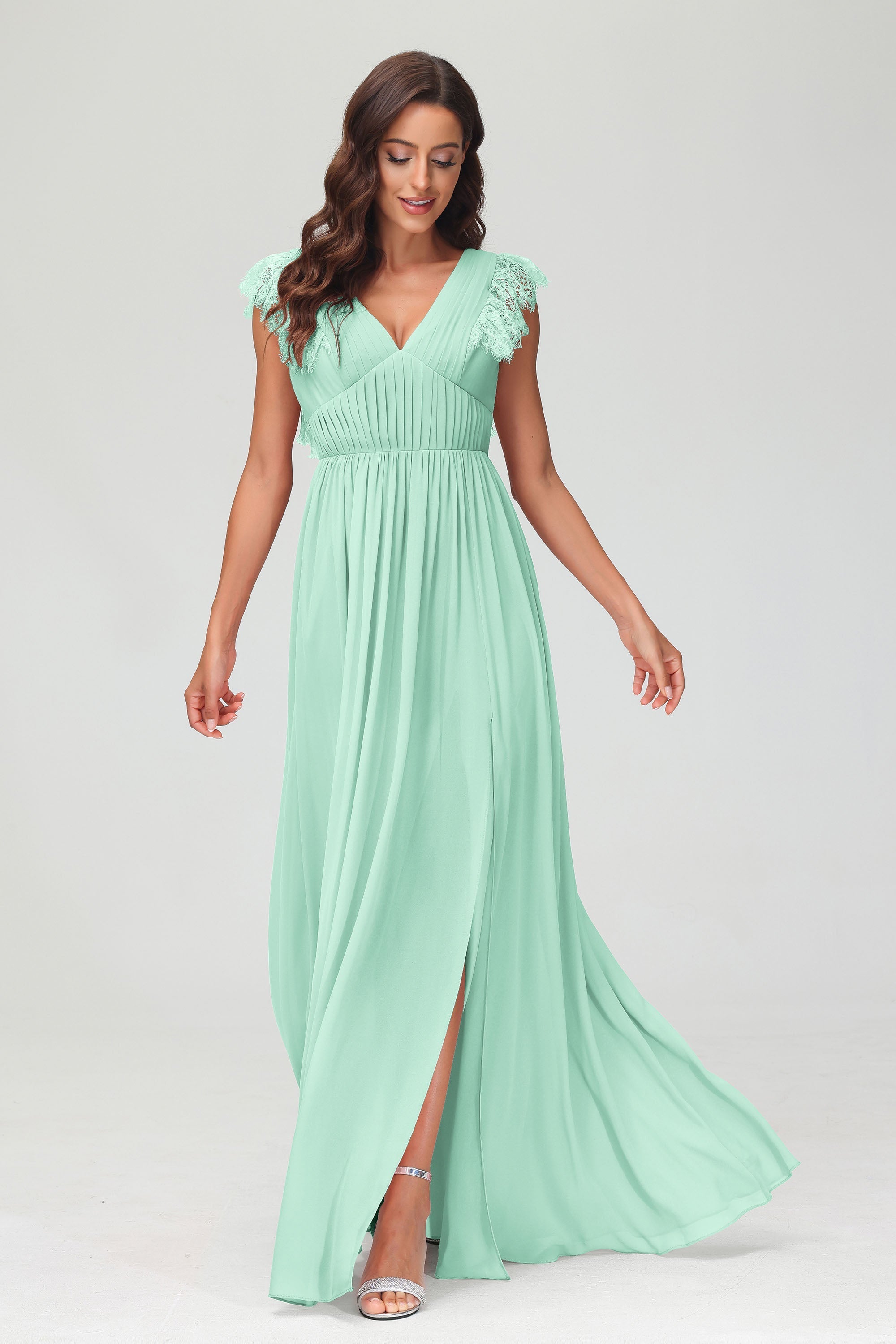 Cap Sleeves Chiffon Formal Evening Dress Floor Length Pleated Bridesmaid Dresses Gowns