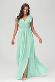 Cap Sleeves Chiffon Formal Evening Dress Floor Length Pleated Bridesmaid Dresses Gowns