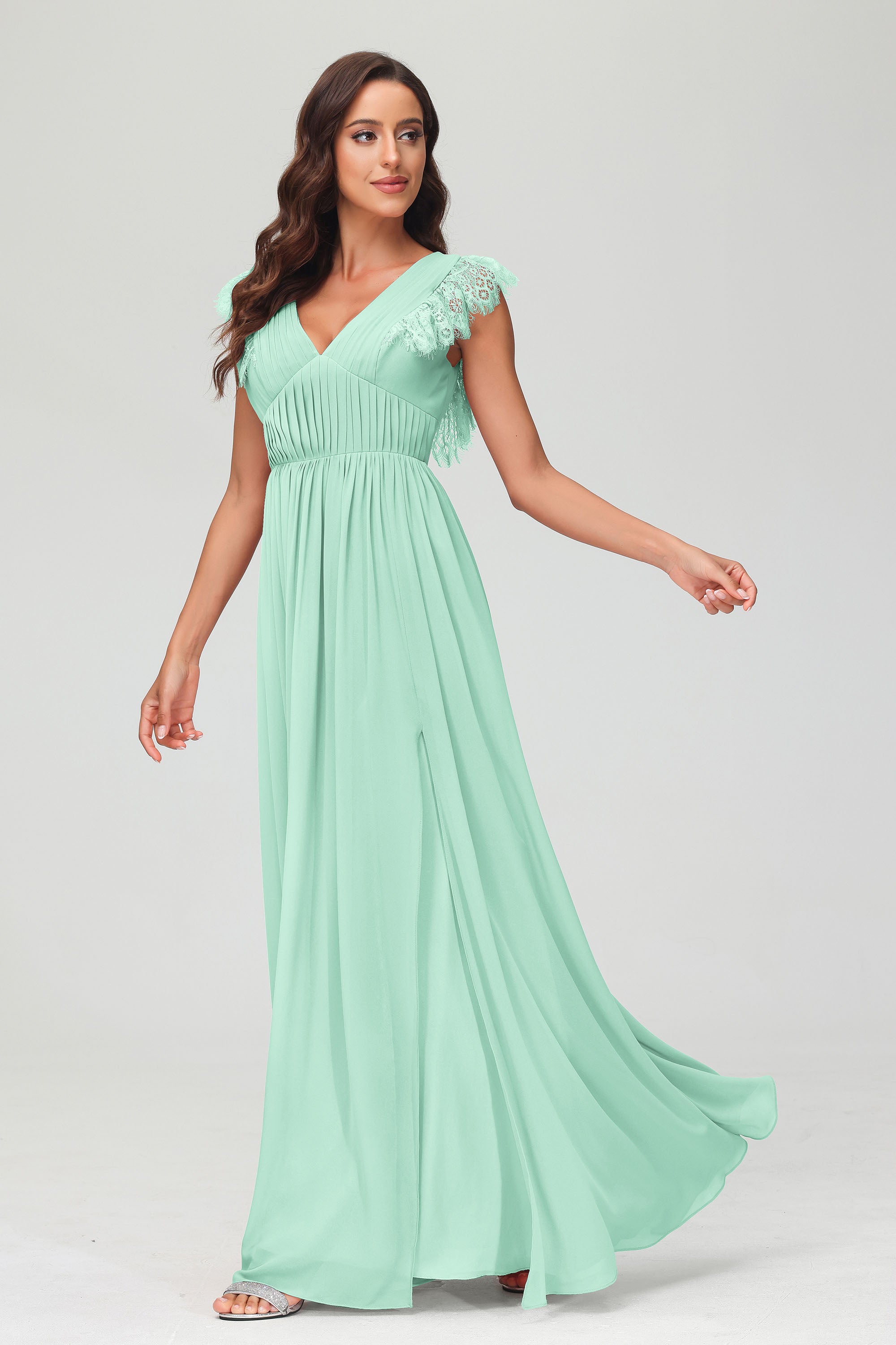Cap Sleeves Chiffon Formal Evening Dress Floor Length Pleated Bridesmaid Dresses Gowns