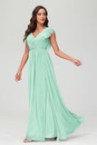 Cap Sleeves Chiffon Formal Evening Dress Floor Length Pleated Bridesmaid Dresses Gowns